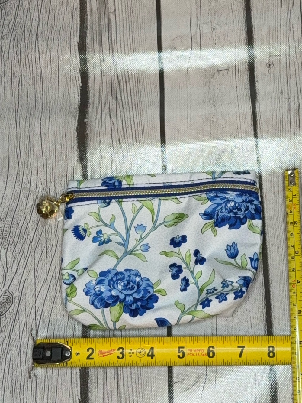 Estee Lauder White Floral Cosmetic Pouch with Blue and Green Print